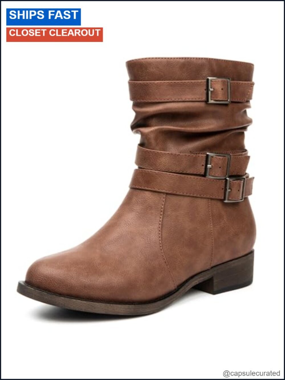 Women's Mid-Calf Boots Low Heel Zipper Faux Leather Motorcycle Style